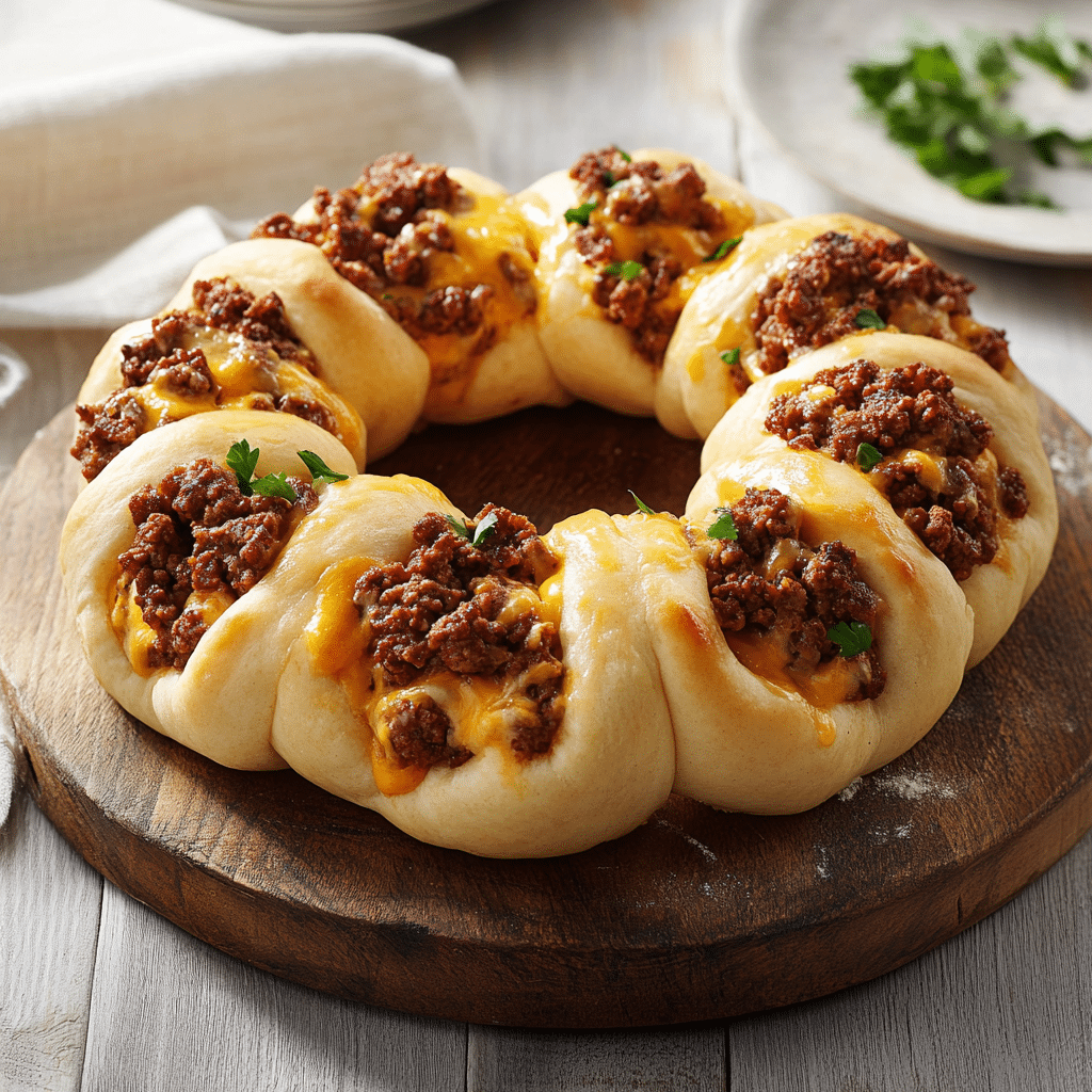 Cheesy Taco Meat Stuffed Garlic Knot Ring — refined comfort food photo