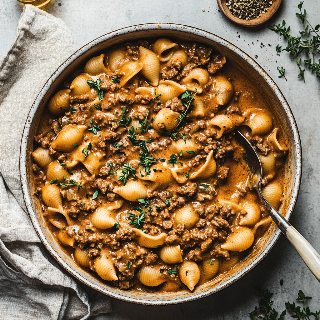 Creamy Beef and Shells — refined comfort food photo