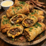 How to make Crispy Garlic Butter Bacon Cheeseburger Spring Rolls — key cooking step