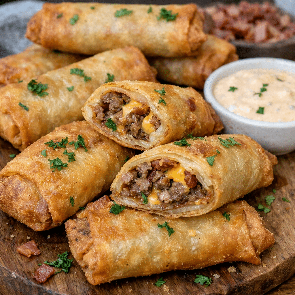 Crispy Garlic Butter Bacon Cheeseburger Spring Rolls — restaurant-quality recipe photo