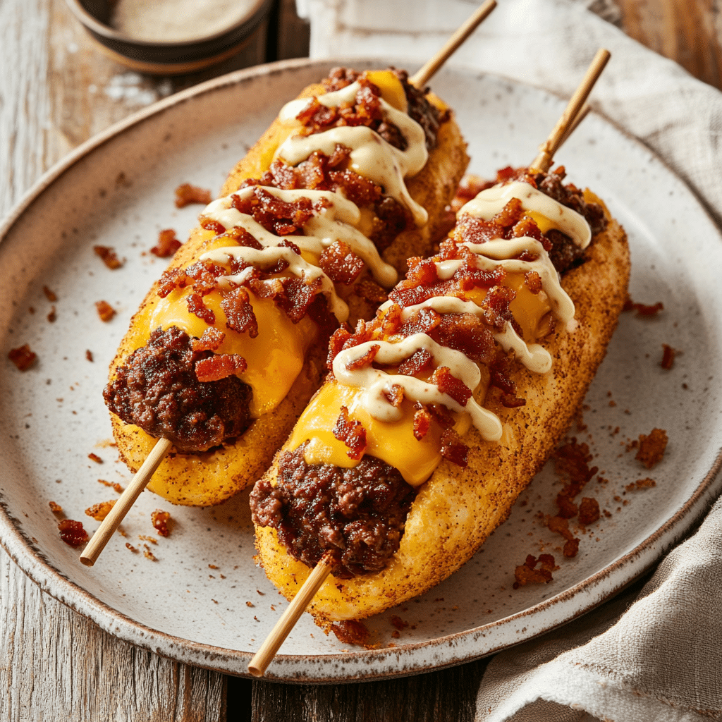 Deep-Fried Bacon Garlic Butter Cheeseburger Corn Dogs — refined comfort food photo