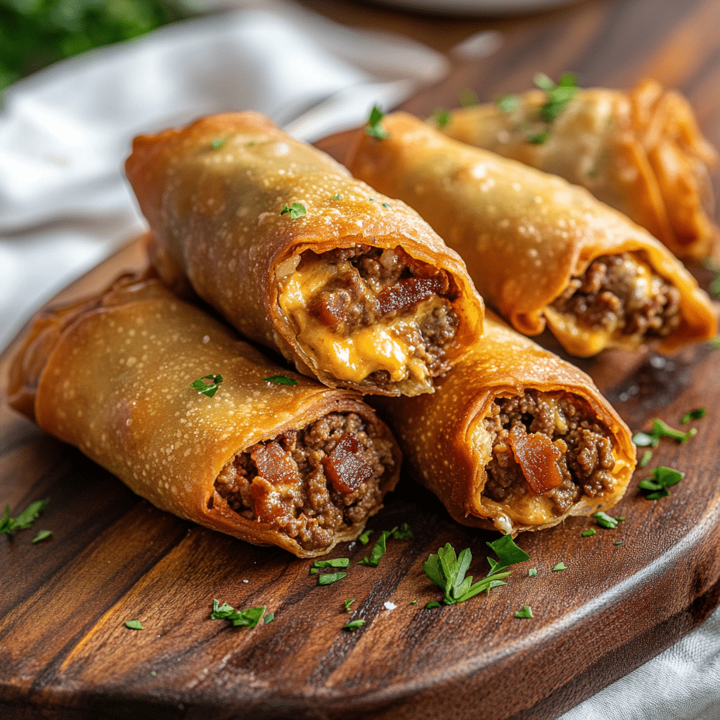 Deep-Fried Garlic Butter Bacon Cheeseburger Egg Rolls — refined comfort food photo