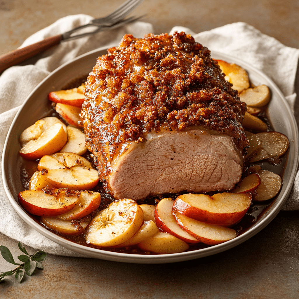 Fire-Kissed Apple Bourbon Pork Roast with Brown Sugar Crust — refined comfort food photo