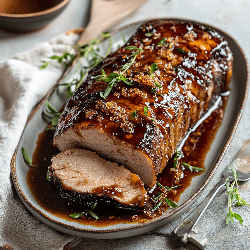 Fire-Kissed Maple Bourbon Pork Loin with Caramelized Sugar Bark — refined comfort food photo