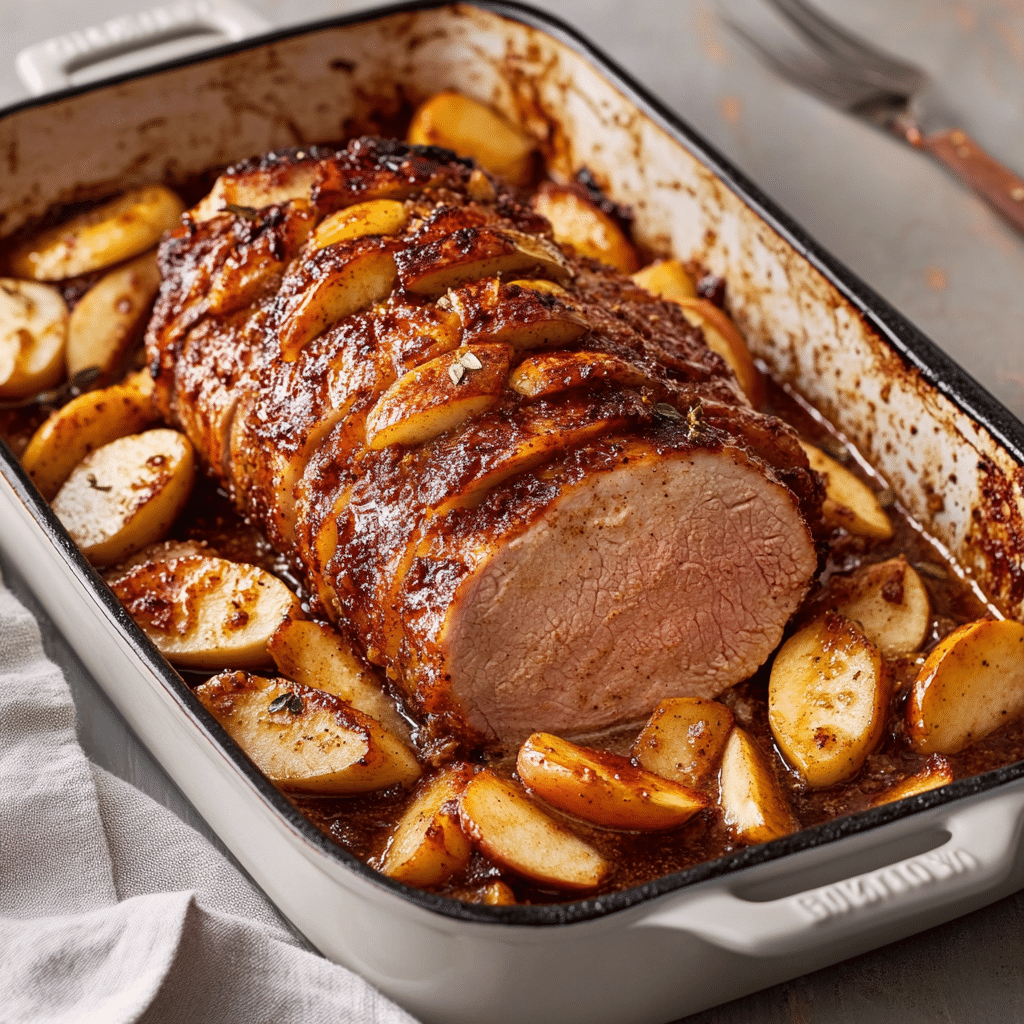 Fire-Roasted Apple Brown Sugar Bourbon Pork Loin — refined comfort food photo
