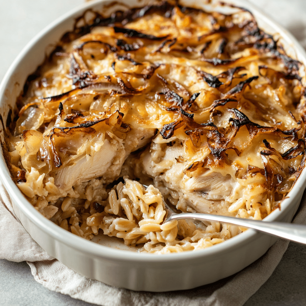 French Onion Chicken Orzo Casserole — refined comfort food photo