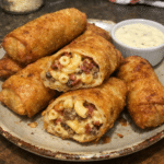 How to make Garlic Butter Bacon Mac Cheeseburger Egg Rolls — key cooking step
