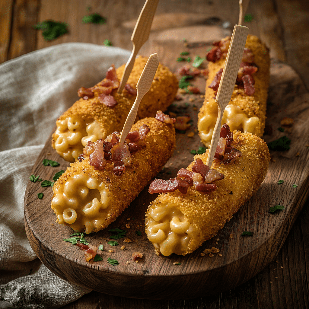 Garlic Butter Bacon Mac Corn Dogs — refined comfort food photo