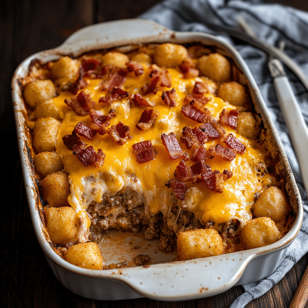 Garlic Ranch Bacon Smashburger Tater Tot Bake — refined comfort food photo