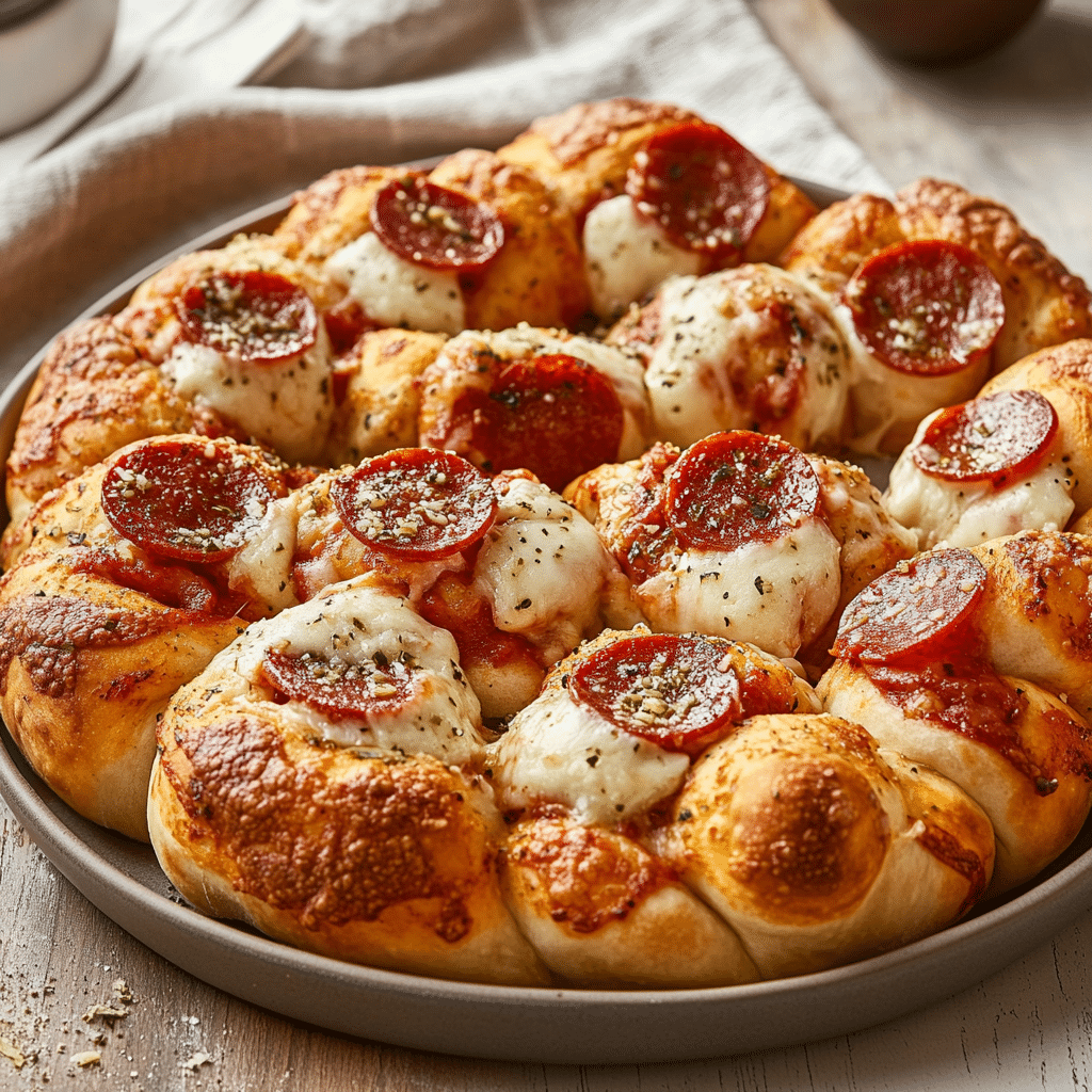 Giant Pepperoni-Stuffed Garlic Knot Pizza — refined comfort food photo