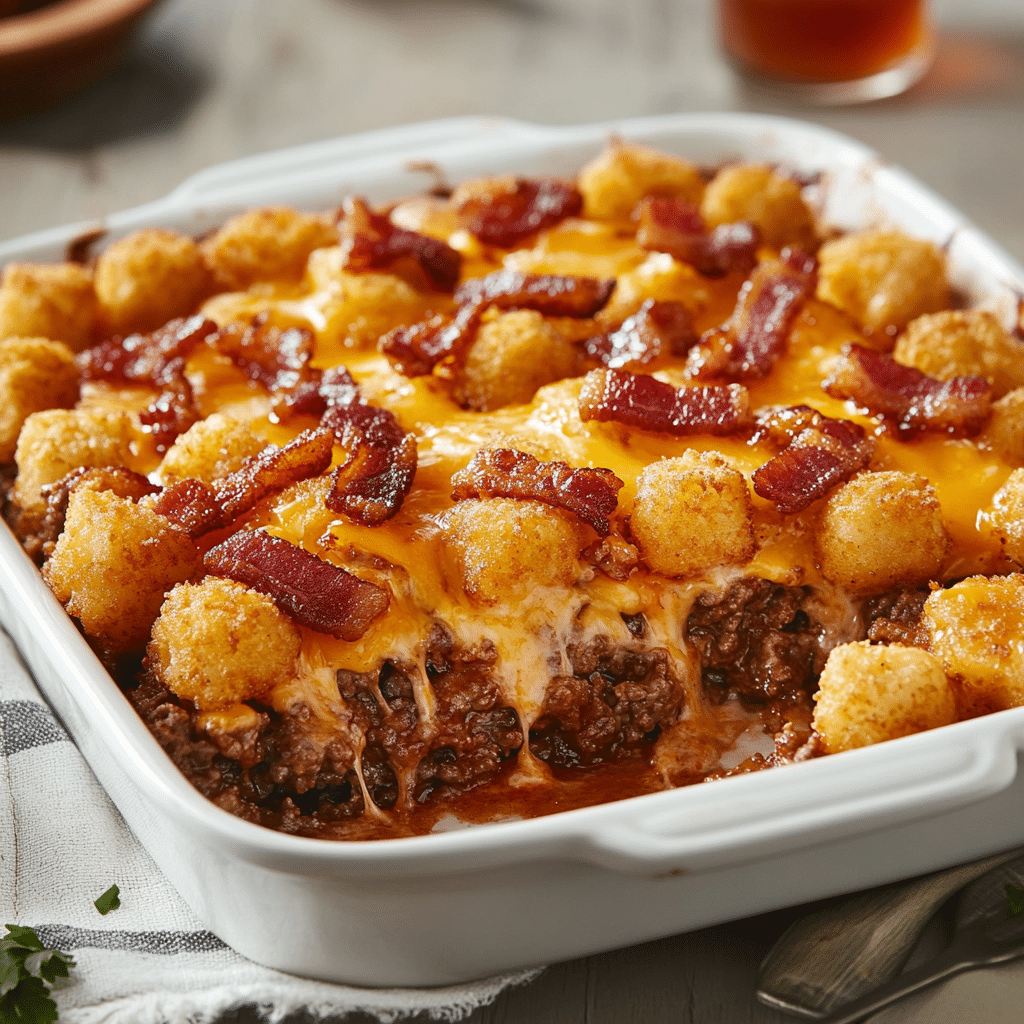 Hot Honey Bacon Ranch Burger Tater Tot Crunch Bake — refined comfort food photo