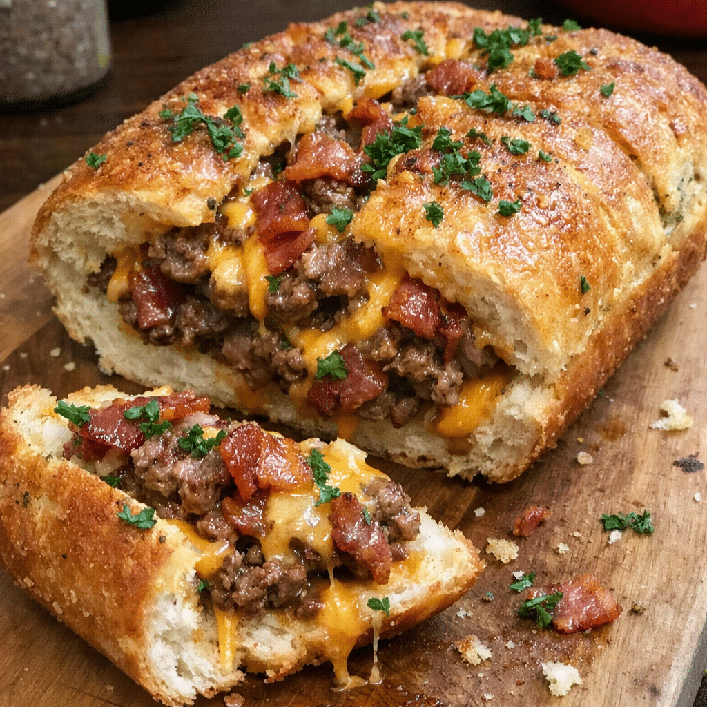 Loaded Bacon Cheddar Cheeseburger Stuffed Garlic Bread — restaurant-quality recipe photo