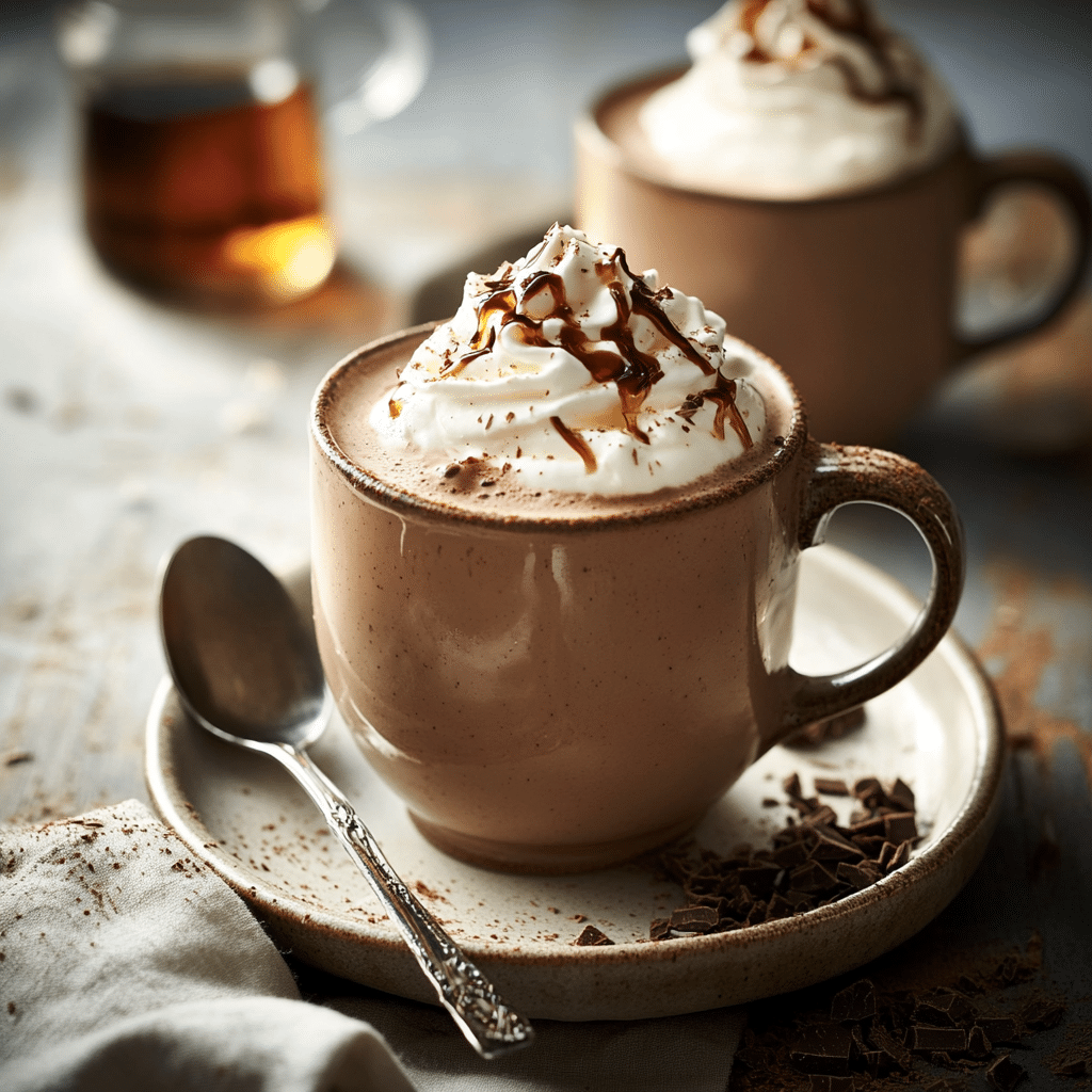 Maple Bourbon Hot Chocolate with Whipped Cream — refined comfort food photo