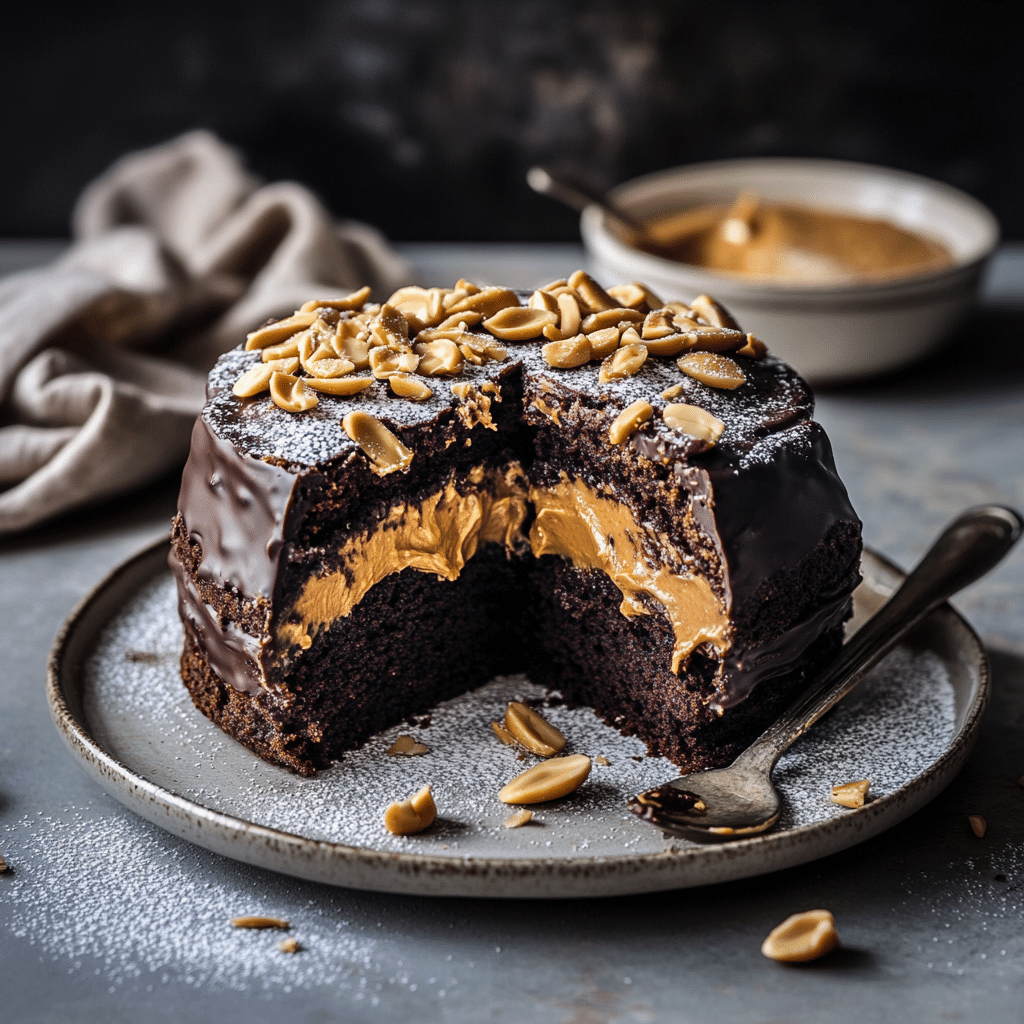 Midnight Peanut Butter Fudge Eruption Cake — refined comfort food photo