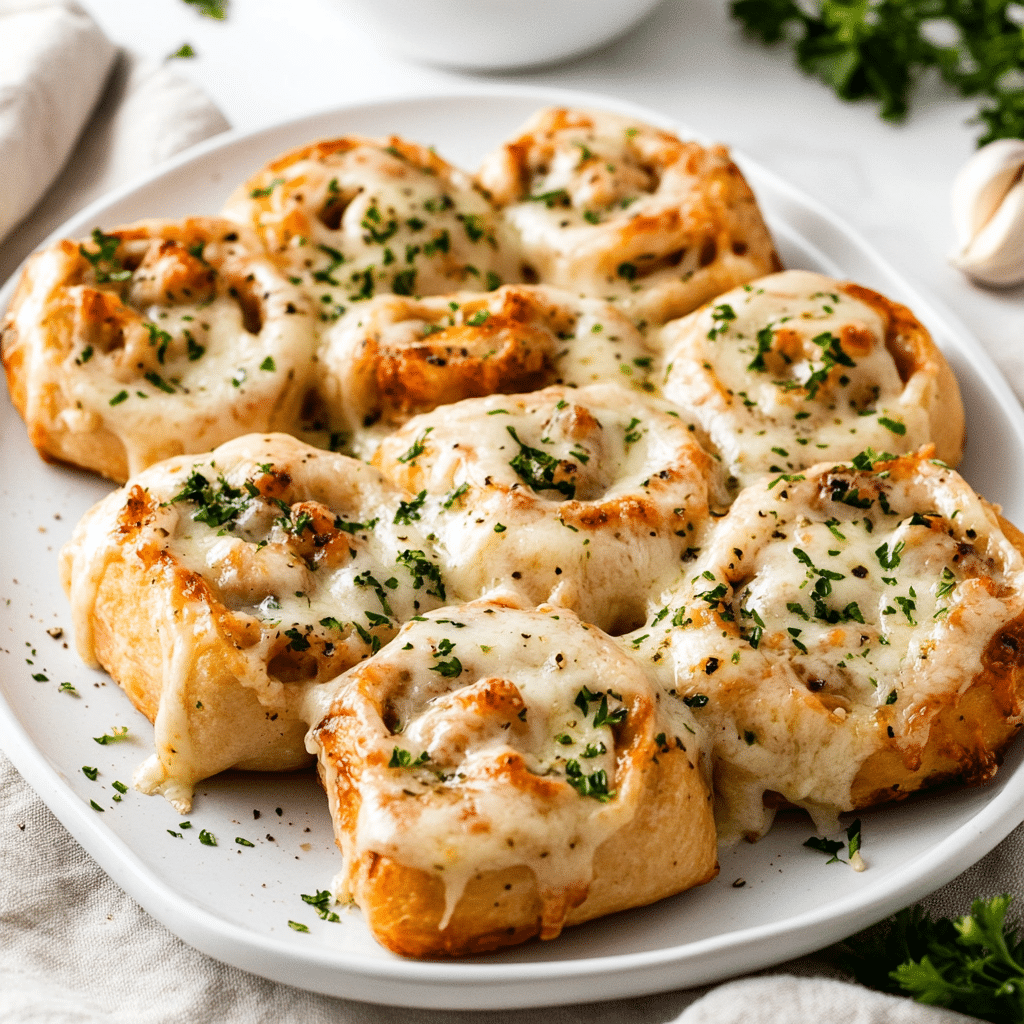 Ooey-Gooey Garlic Butter Chicken Alfredo Pizza Rolls — refined comfort food photo