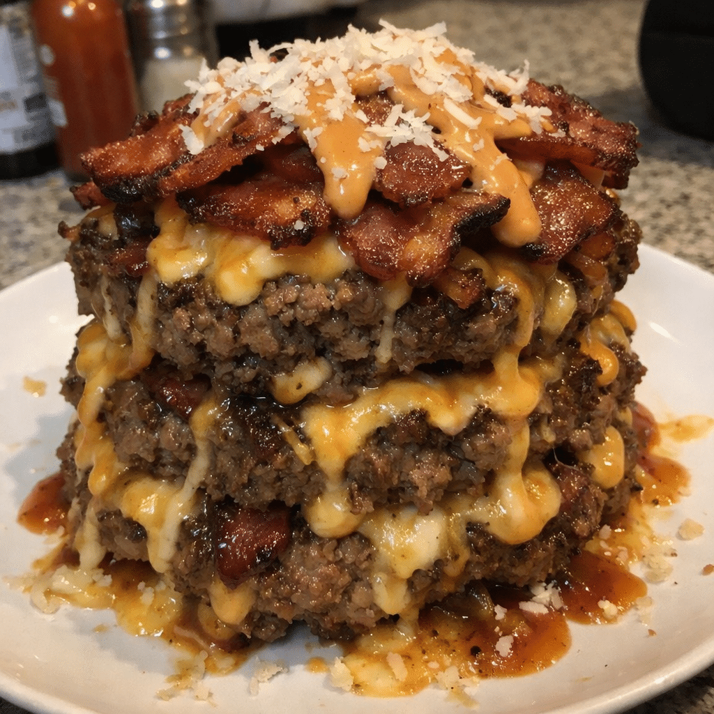 Smoked Bacon Loaded Triple Cheese Meatloaf Stack — restaurant-quality recipe photo