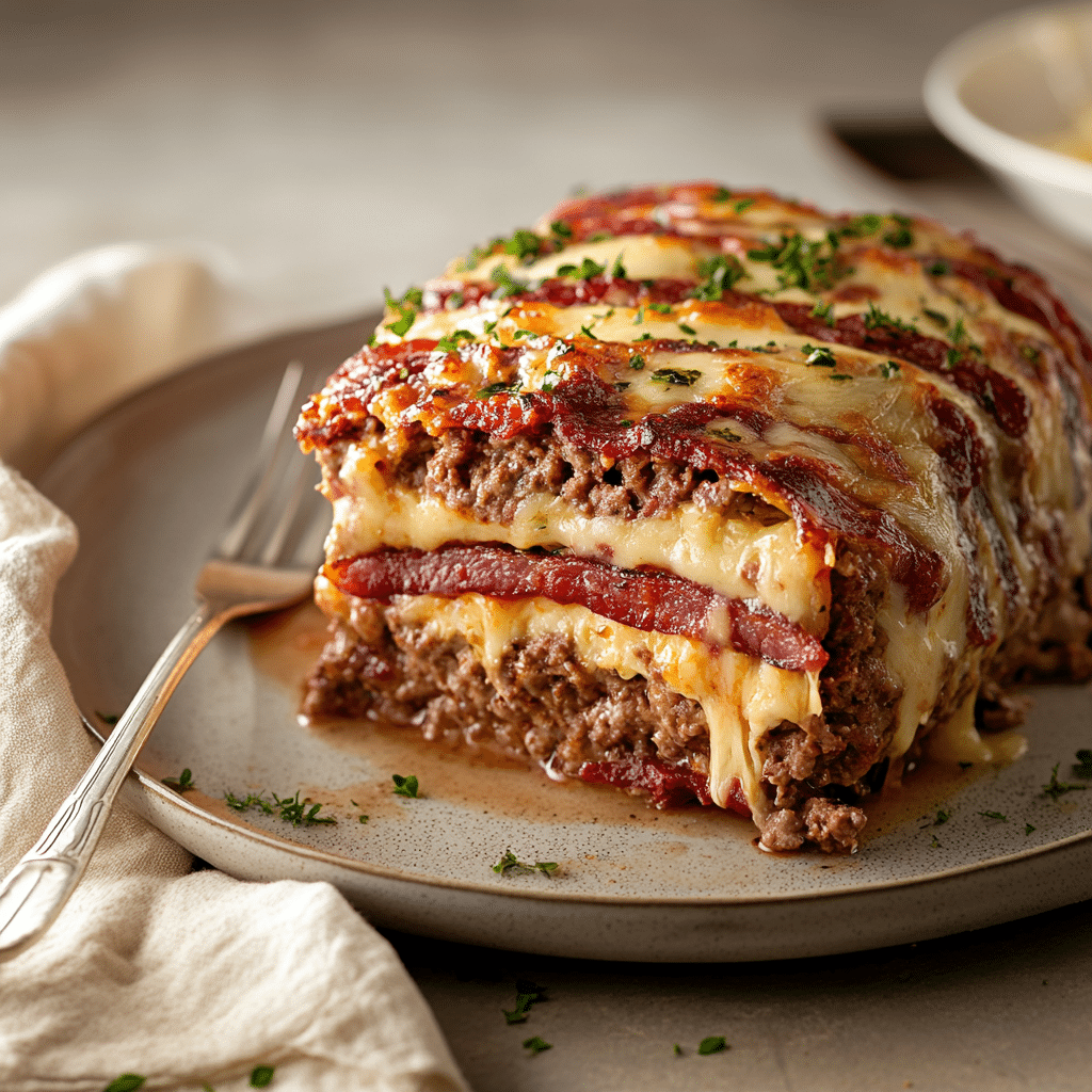 Smoked Bacon Triple-Cheese Stack Meatloaf — refined comfort food photo