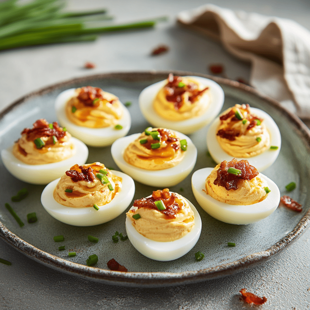 Sticky Honey Bacon Deviled Eggs Sharp Cheddar — refined comfort food photo