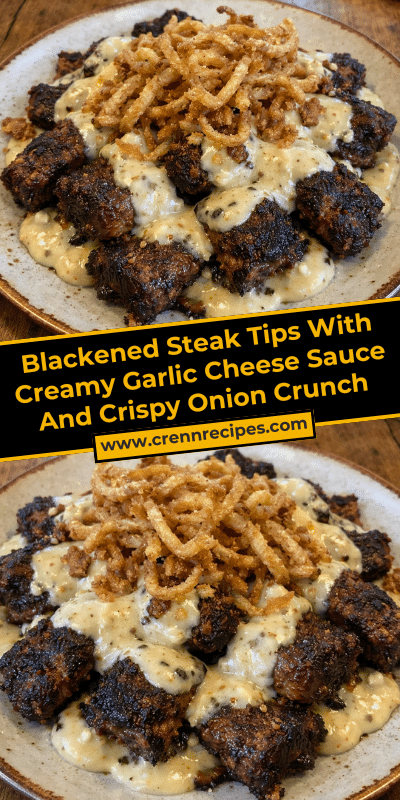 Blackened Steak Tips With Creamy Garlic Cheese Sauce And Crispy Onion Crunch