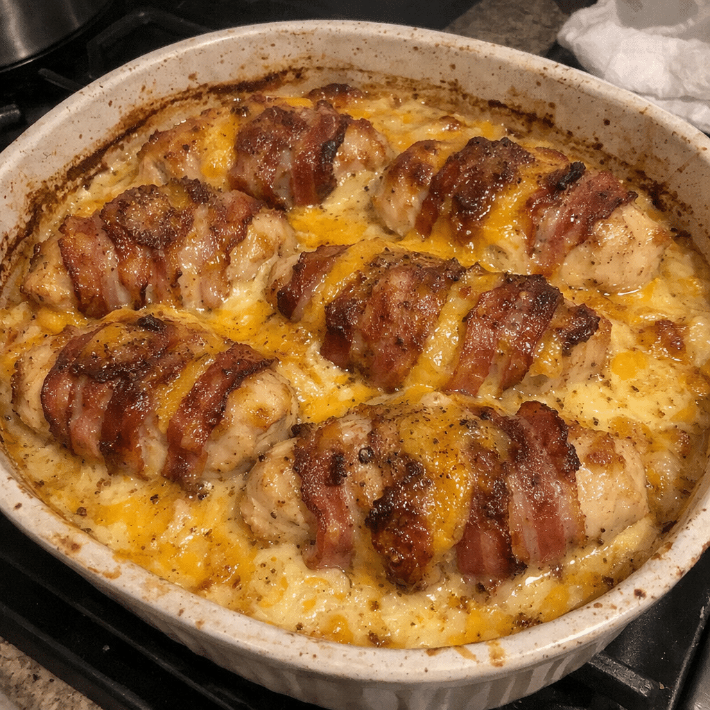 Bacon-wrapped Cheesy Chicken Casserole — restaurant-quality recipe photo