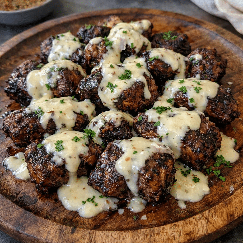 Blackened Steak Bites With Creamy Garlic Cheese Drizzle — restaurant-quality recipe photo