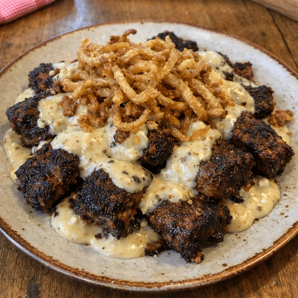 Blackened Steak Tips With Creamy Garlic Cheese Sauce And Crispy Onion Crunch — restaurant-quality recipe photo