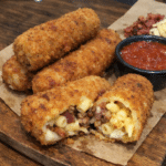 How to make Deep-fried Bacon Mac Cheeseburger Stuffed Mozzarella Sticks — key cooking step
