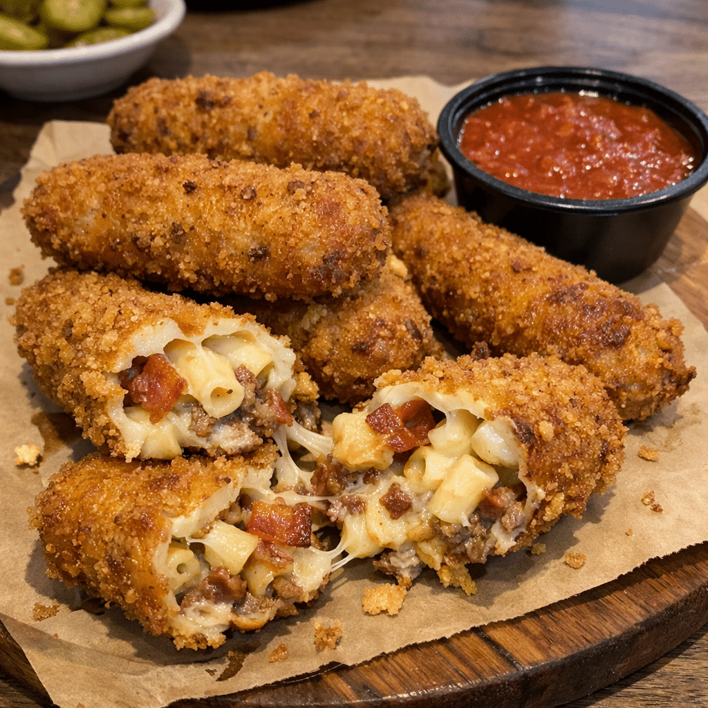 Deep-fried Bacon Mac Cheeseburger Stuffed Mozzarella Sticks — restaurant-quality recipe photo