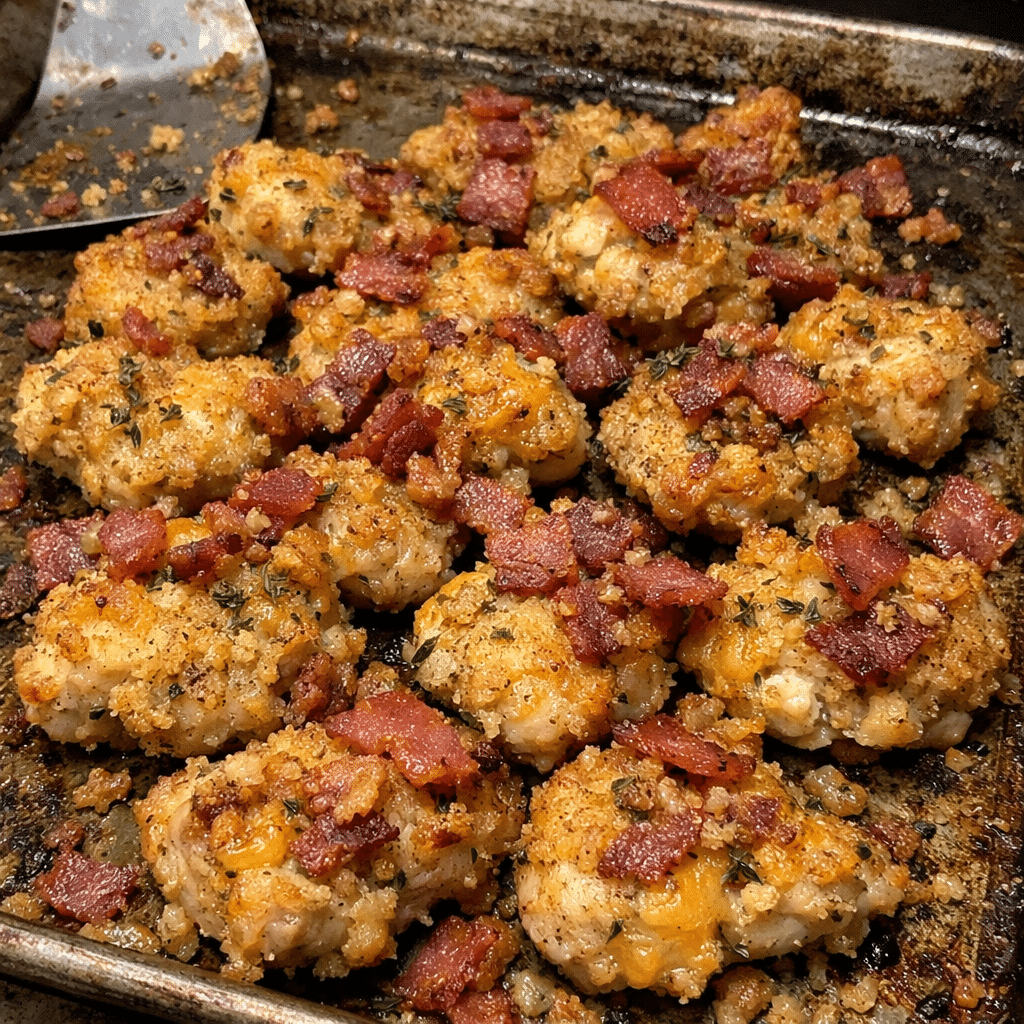 Garlic-Butter Cheddar Crust Sheet-Pan Chicken Bites With Smoky Bacon — restaurant-quality recipe photo