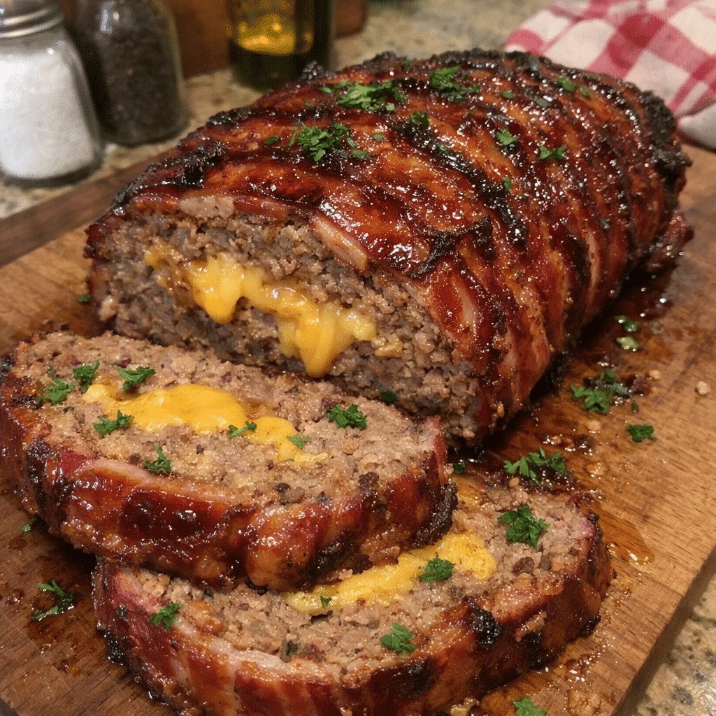 Maple Glazed Bacon-wrapped Meatloaf with Cheddar Filling — restaurant-quality recipe photo