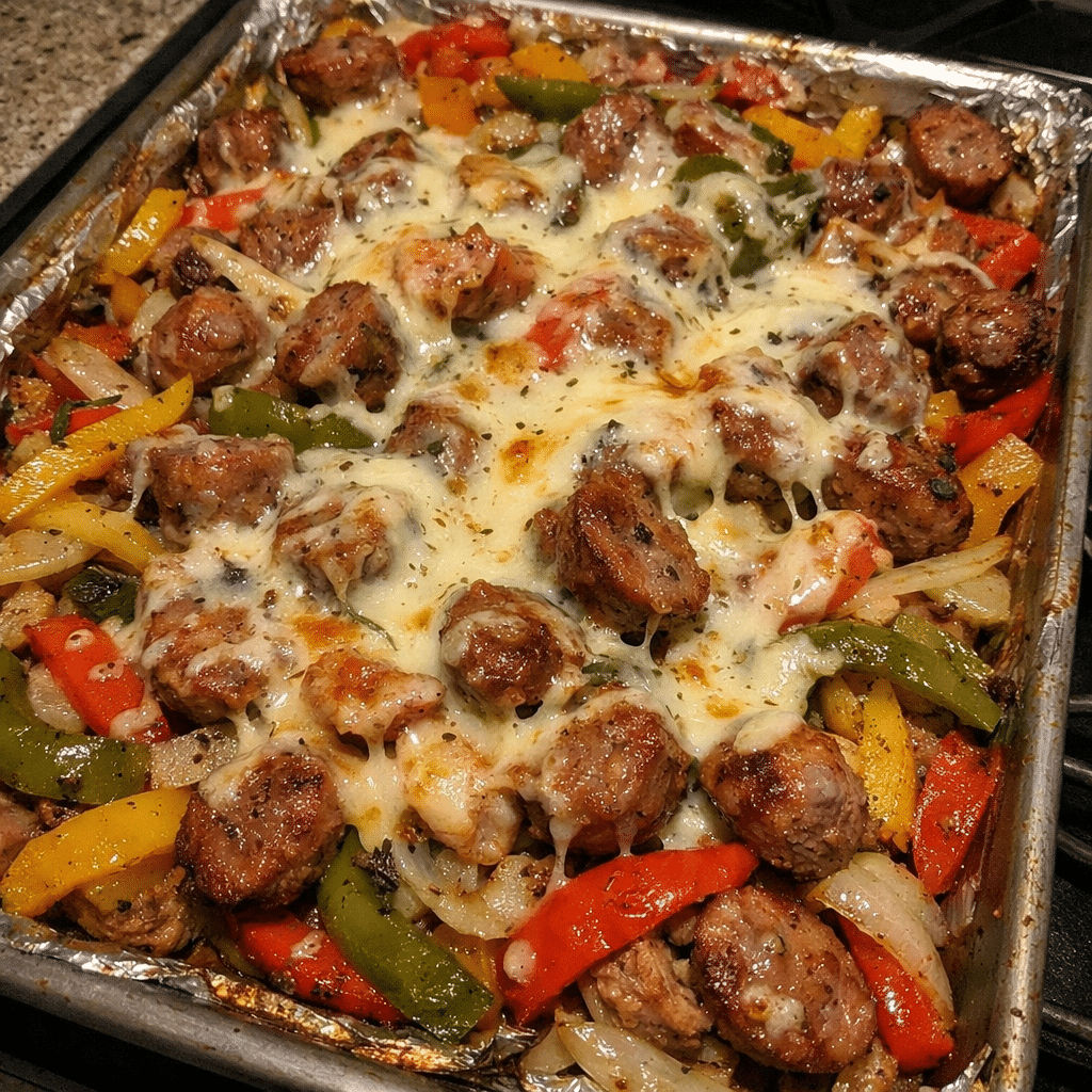 Sheet Pan Sausage and Peppers with Melty Cheese — restaurant-quality recipe photo