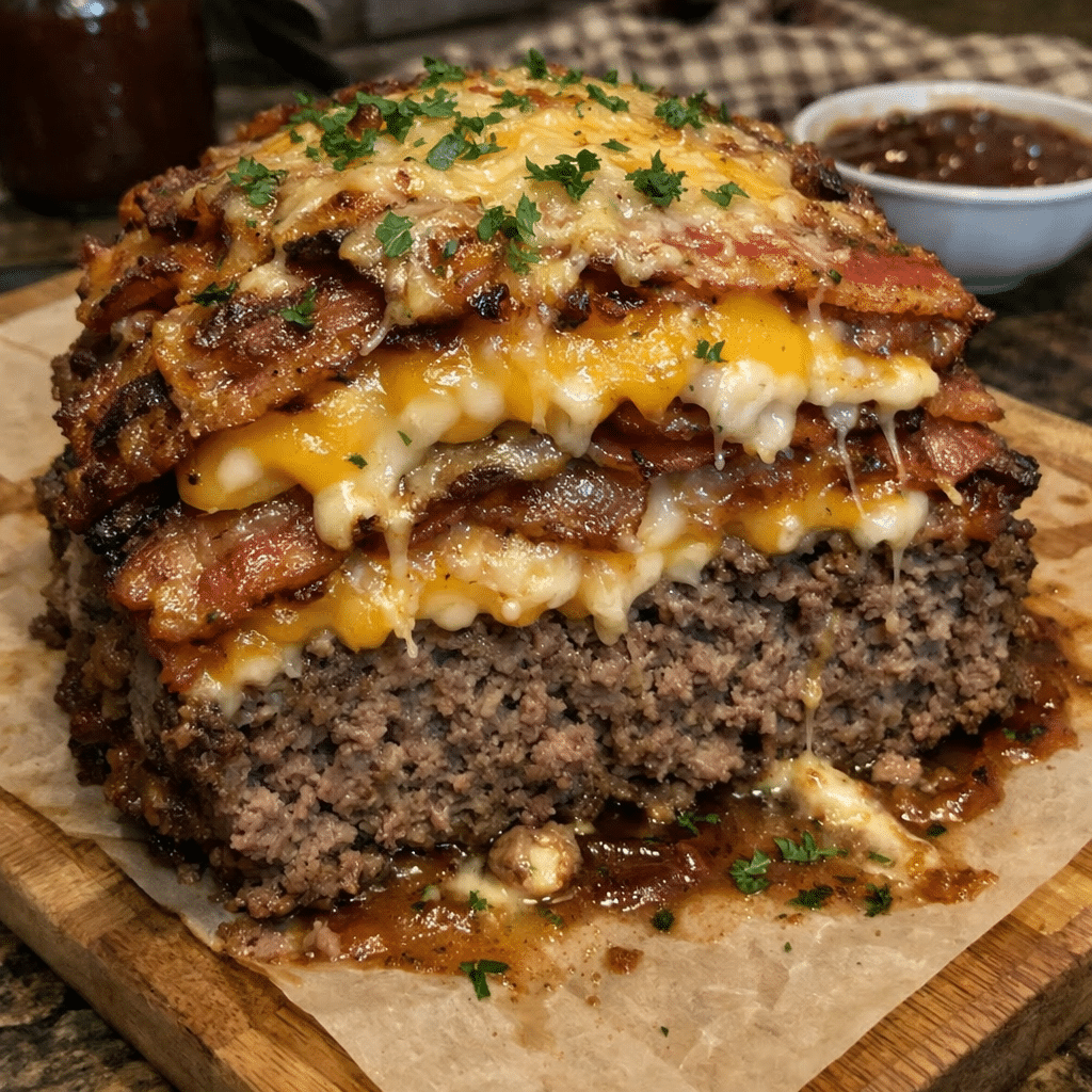 Smoked Bacon Triple-Cheese Stack Meatloaf — restaurant-quality recipe photo