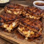 How to make Smoked Bacon Triple-Cheese Stuffed Pork Chops With Sweet Heat Glaze — key cooking step