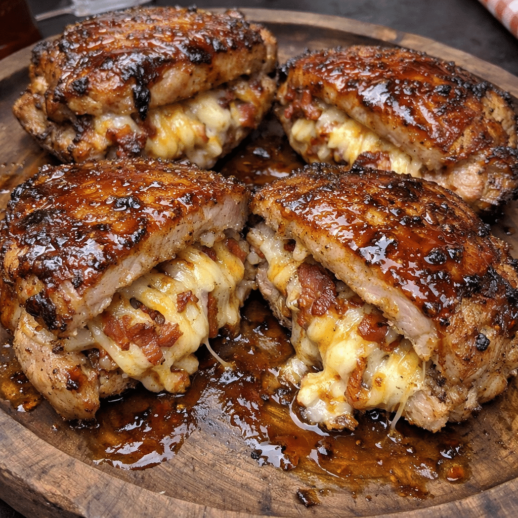Smoked Bacon Triple-Cheese Stuffed Pork Chops With Sweet Heat Glaze — restaurant-quality recipe photo
