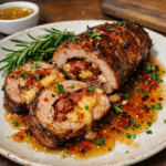 How to make Smoky Bacon Gouda Stuffed Pork Tenderloin With Hot Honey Butter Glaze — key cooking step