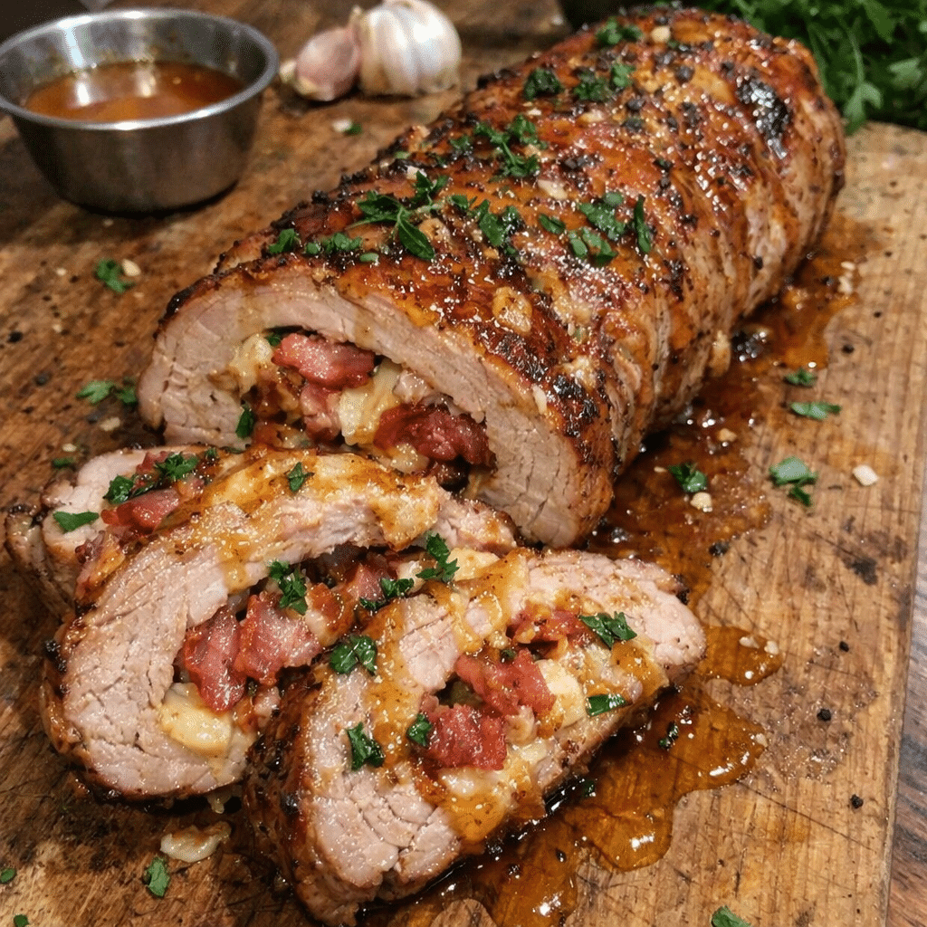 Smoky Bacon Parmesan Stuffed Pork Tenderloin With Honey Drip Glaze — restaurant-quality recipe photo