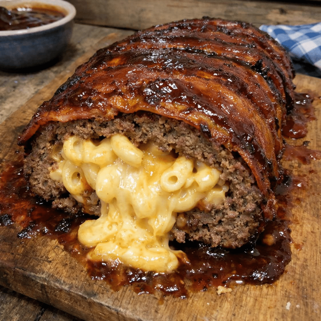 Sticky Maple BBQ Bacon Meatloaf Stuffed With Creamy Mac and Cheese — restaurant-quality recipe photo