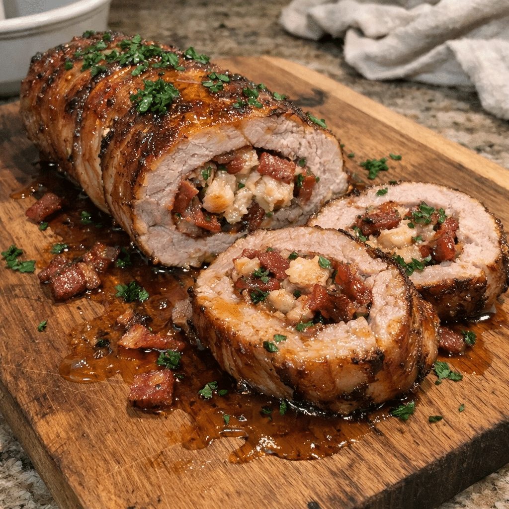 Smoky Bacon Parmesan Stuffed Pork Tenderloin With Honey Drip Glaze — restaurant-quality recipe photo